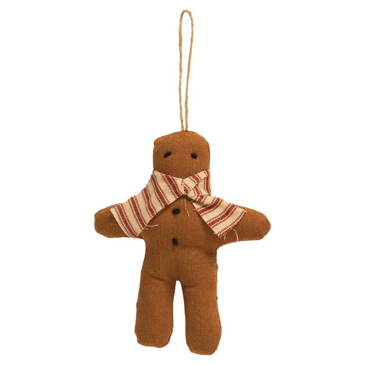 Gingerbread with Ticking Stripe Scarf Fabric Ornament for wholesale by The Hearthside Collection