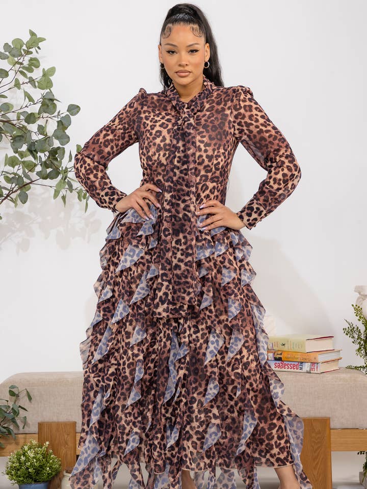 Animal Print Ruffled Maxi Dress ZB131R-P for wholesale by H&H Fashion Inc.