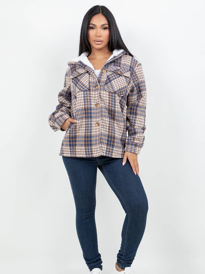 Color 5 - Wholesale Shirt Jacket/Shacket - Women's - Blue plaid flannel shirt jacket with hoodie fur  shacket0