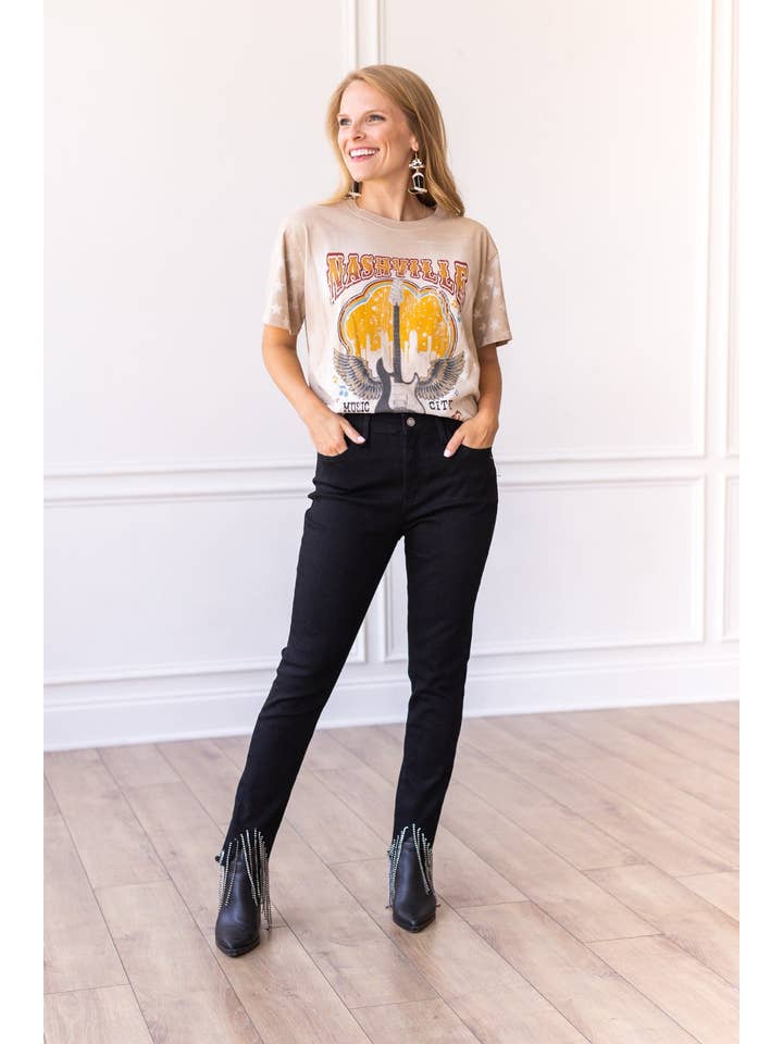 Denim Blue Black Skinny Jeans with Rhinestone Fringe Detail for wholesale on Faire