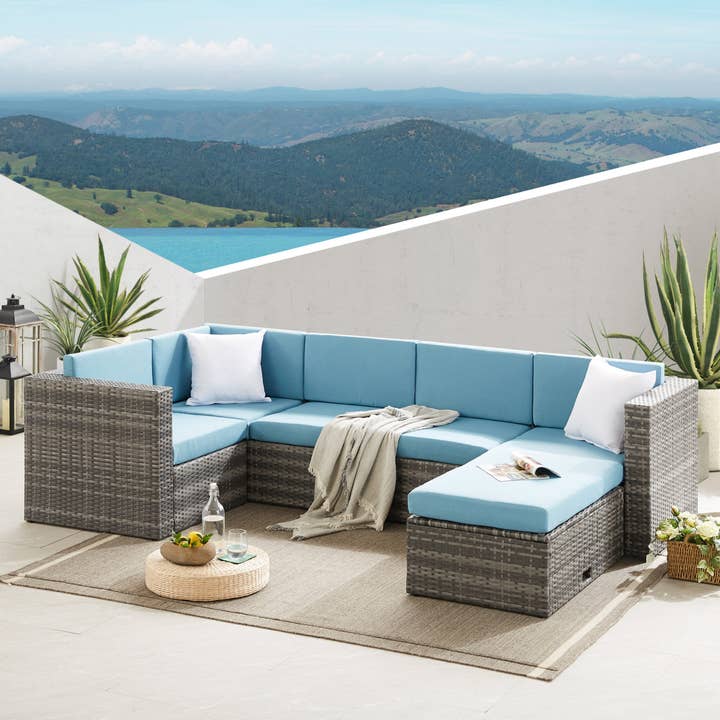 The Tatton Grey Rattan Garden Furniture 6 Seat Corner Sofa & Coffee Table Patio Set - Blue Cushions for wholesale by Outdoor Living (NW) Ltd
