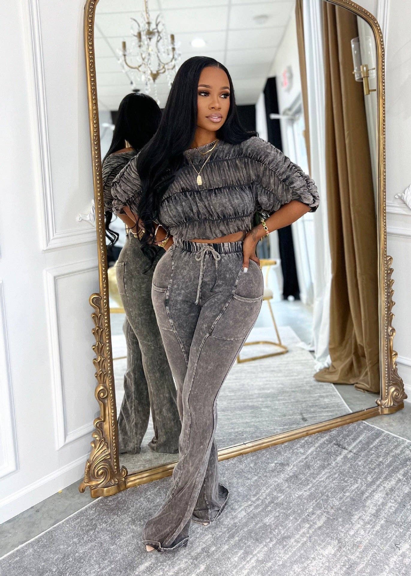 MB Fashion Wholesale - Wholesale Top & Pant Set (NOT Loungewear) - Women's - MB FASHION Ruched Off-Shoulder Top & High-Waist Flared Pants Set 95329