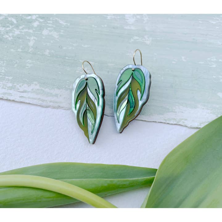 Calathea Leaf Hook Earrings : Green Mix for wholesale by Rosa Pietsch
