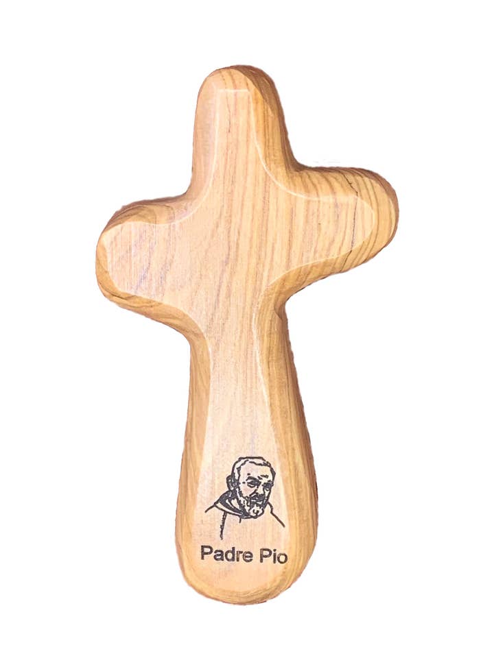 Padre Pio Engraved Holding Cross Sculpture for wholesale by Holy Land Wood and Stone