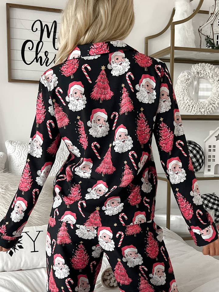 Black Christmas Santa Printed Two Piece Pajamas Set for wholesale on Faire