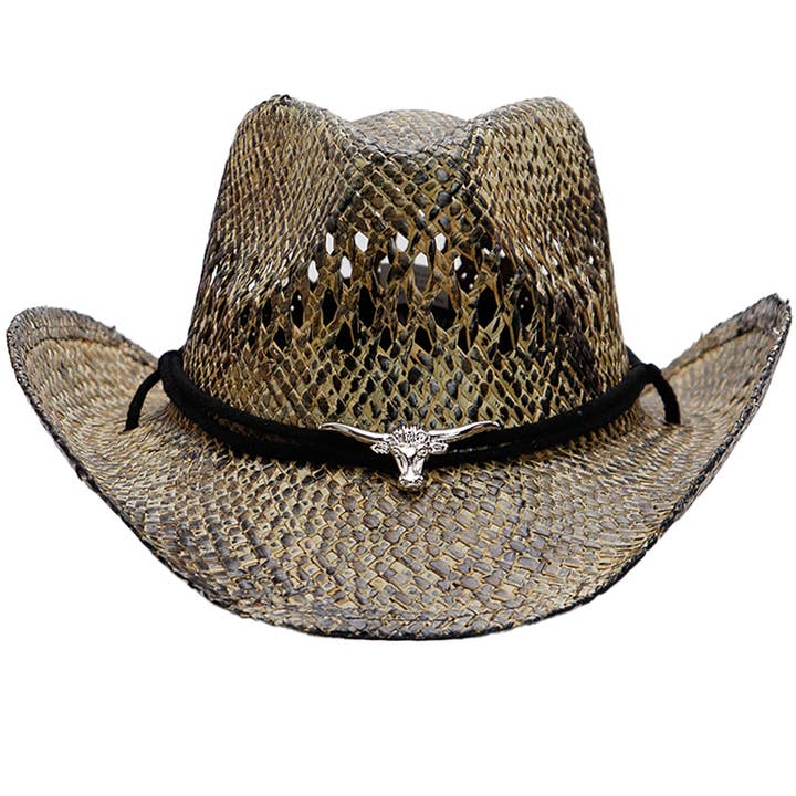 Black Longhorn Emblem Vintage Burnt Natural Straw Cowboy Hat for wholesale on Faire4