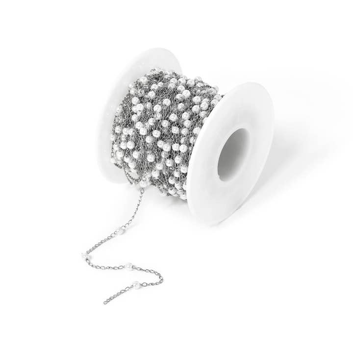 WJW - Wholesale Link & Chain Bracelet - Stainless Steel Faux Pearl Chain By The Foot