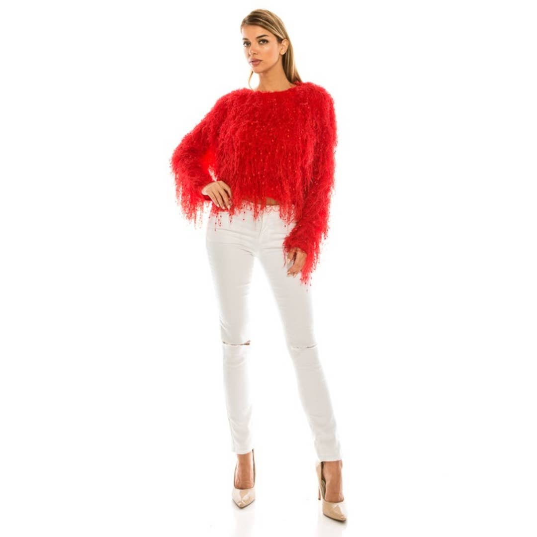 Rosso MAGLIONE CON FRANGE SIMILI A PIUME in vendita all'ingrosso su Faire1