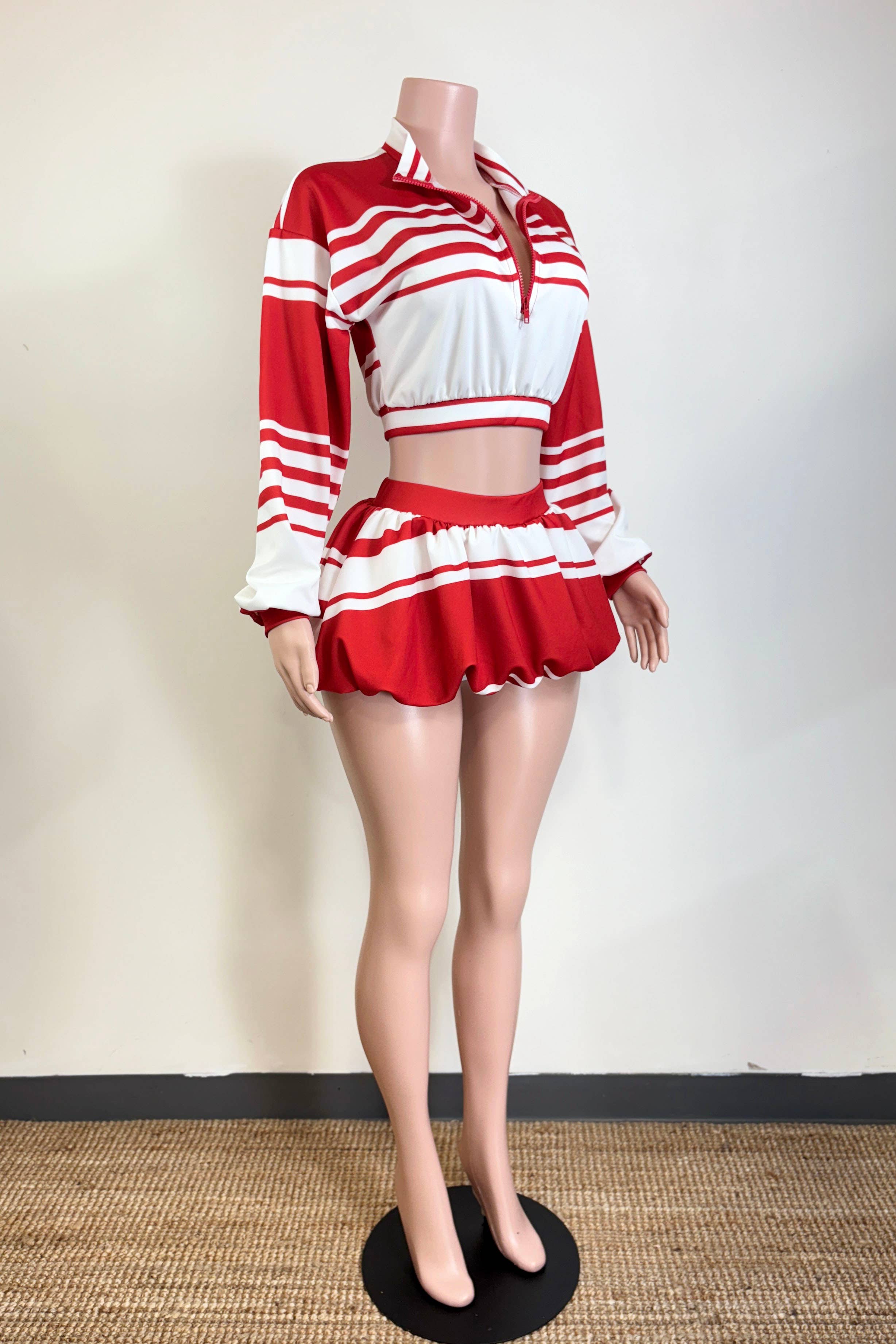 Dalia Studio – Großhandel Set aus Oberteil und Rock – Damen – Set mit unregelmäßigem Streifenmuster, halbem Reißverschluss und Ballonrock12