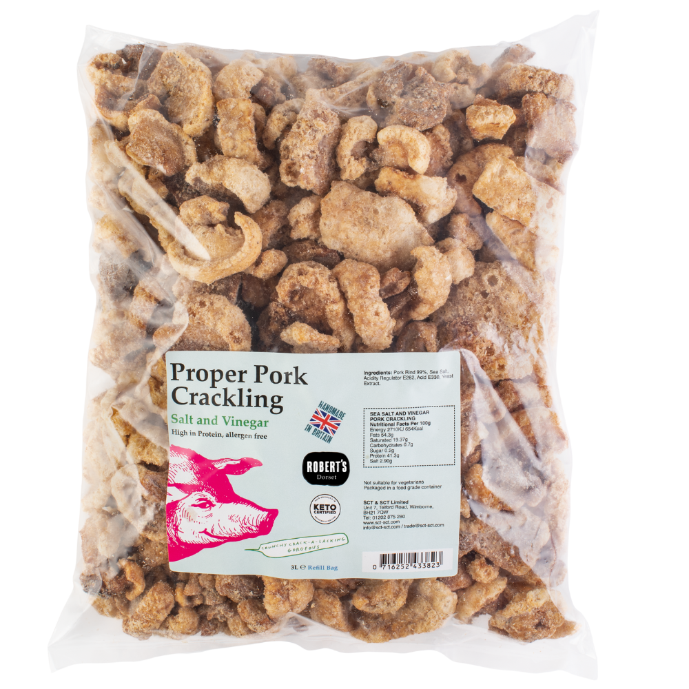 Robert’s Dorset – wholesale Puffed snack – Proper Pork Crackling 3L / 800g Refill Bag7