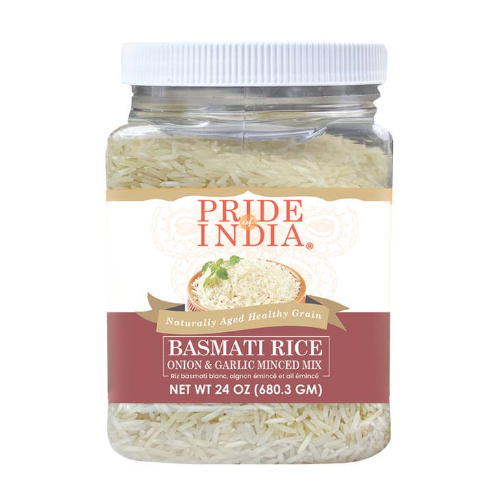 Extra langer Basmati-Reis mit gehackten Zwiebeln und Knoblauch 24 oz für den Großhandel von PRIDE INDIA BRANDS