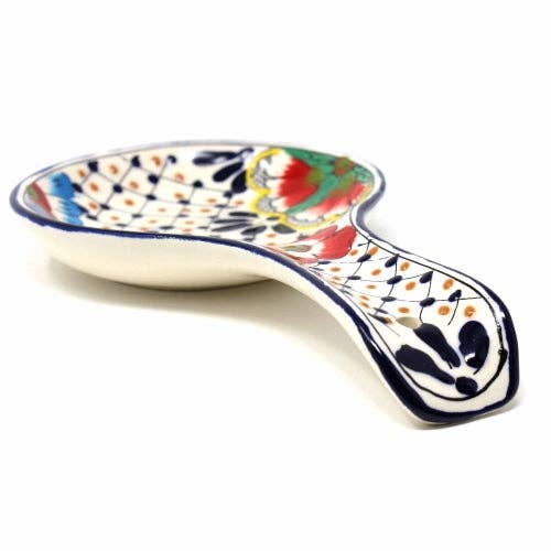 Global Crafts - Wholesale Spoon Rest - Encantada Handmade Pottery Spoon Rest, Dots & Flowers2