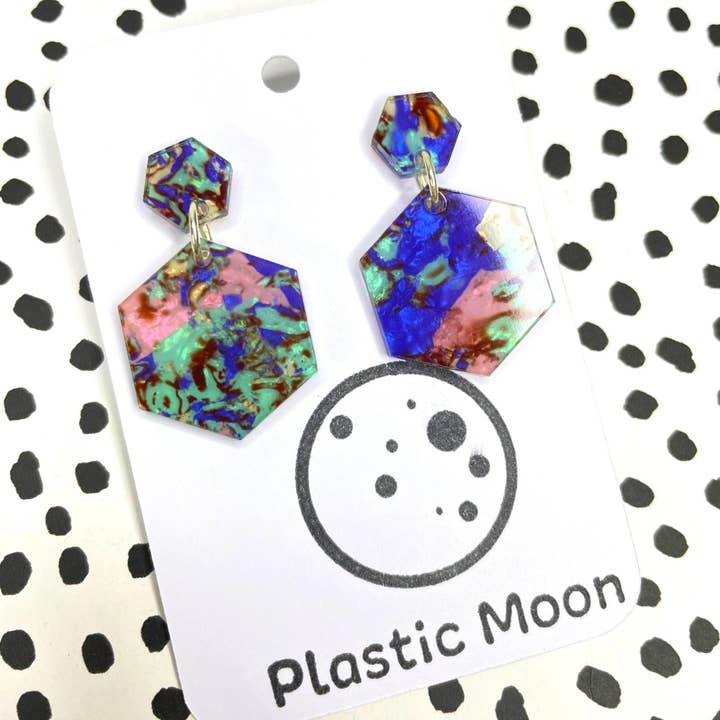 Blue Splatter Hexagon Earrings for wholesale by Plastic Moon