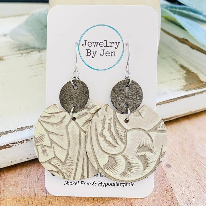 Jewelry By Jen - Wholesale Dangle Earrings - Luna: Grey & Bone Tooled (Limited Supply)