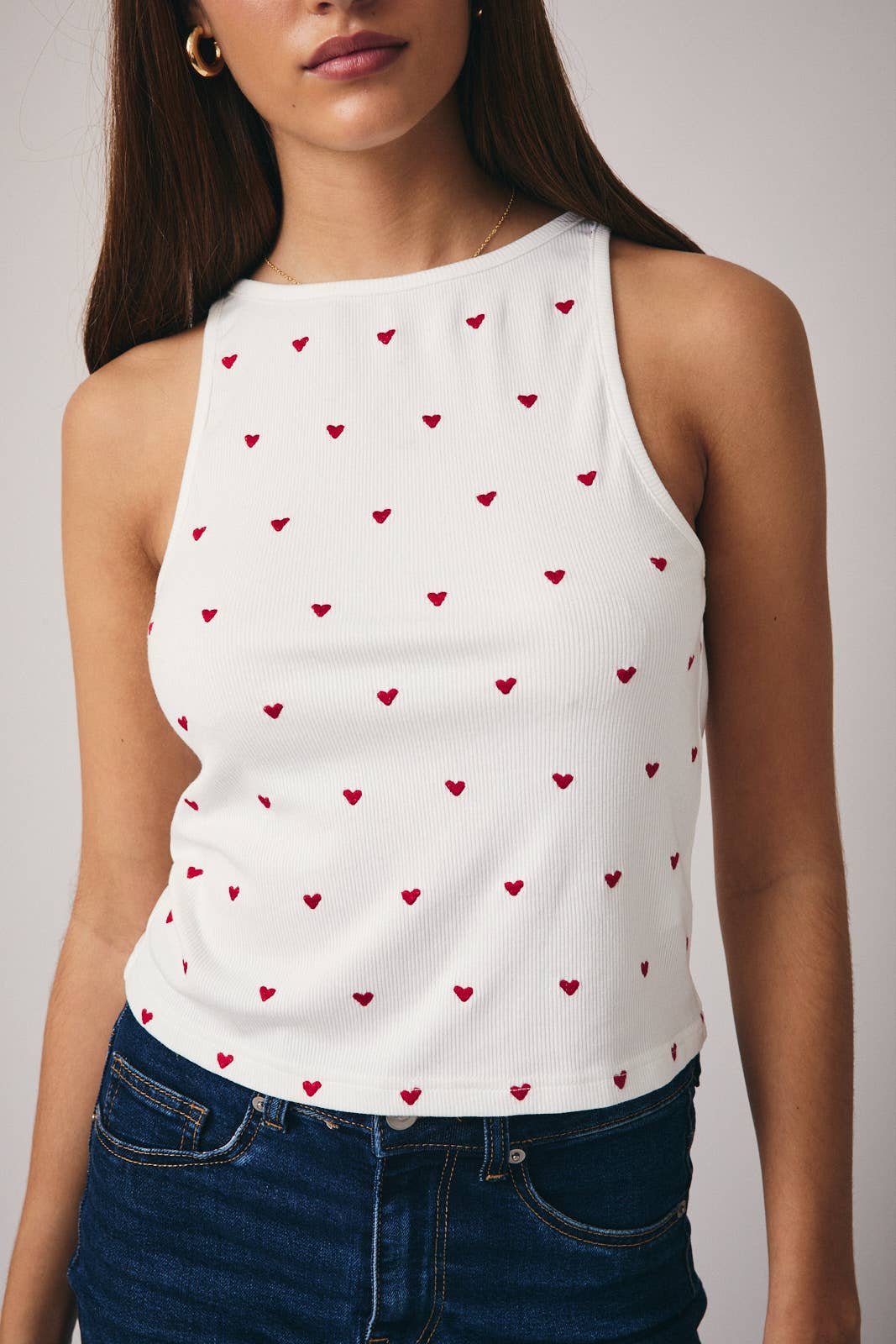 White BOAT NECK SLEEVELESS HEART EMBO RIBBED TANK for wholesale on Faire5