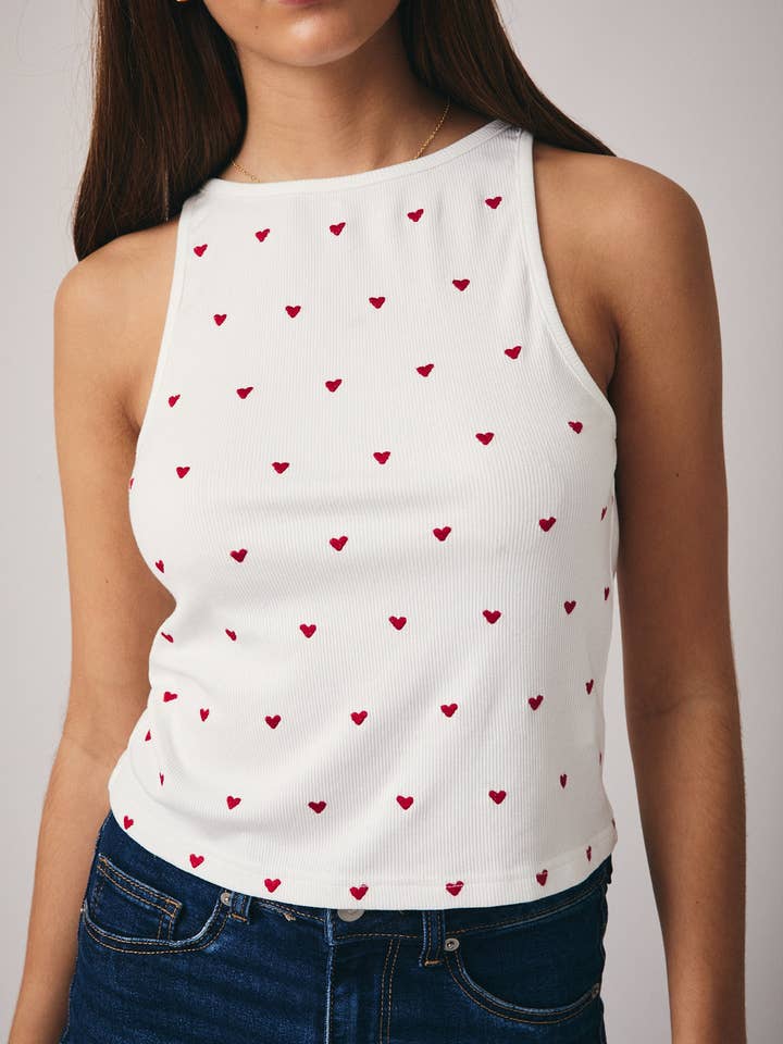 White BOAT NECK SLEEVELESS HEART EMBO RIBBED TANK for wholesale on Faire5