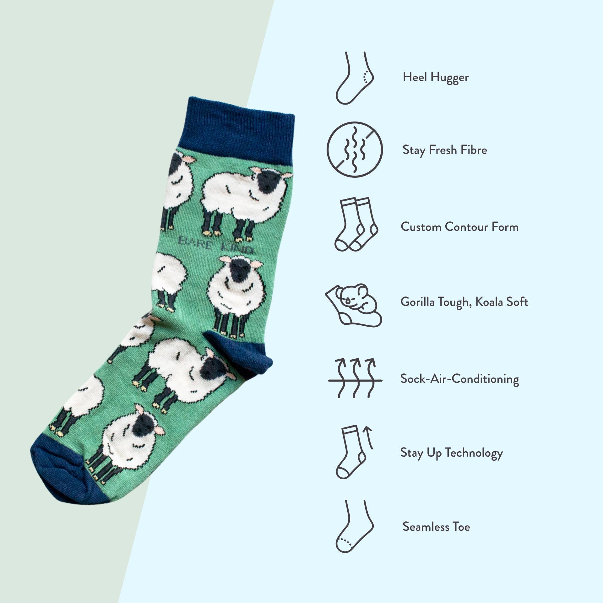Bare Kind Socks - Wholesale Socks - Unisex - Sheep Socks | Bamboo Socks | Green Socks | Farm Socks6