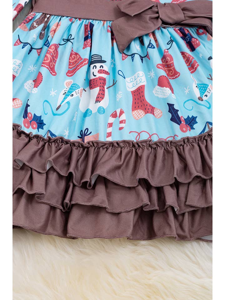 Kids Charm Online - Wholesale Dress - Kids - SNOWMAN PRINTED ON BLUE 3 LAYER RUFFLE DRESS. DRG50133017SOL