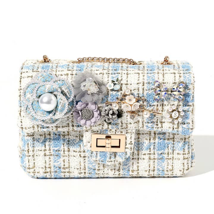 Tweed Bag with Pearl and Flowers Accents in Blue/White CH350 for wholesale by PEACH ACCESSORIES