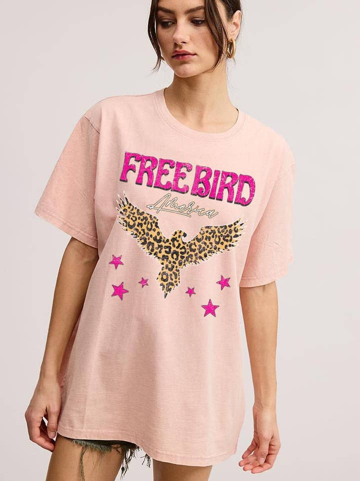 Leopard Free Bird America Graphic S/S Washed Boyfriend Tee for wholesale by Zutter