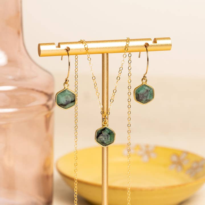 Emerald Hexagon Necklace and Earrings Matching Set for wholesale by Soul & Little Rose