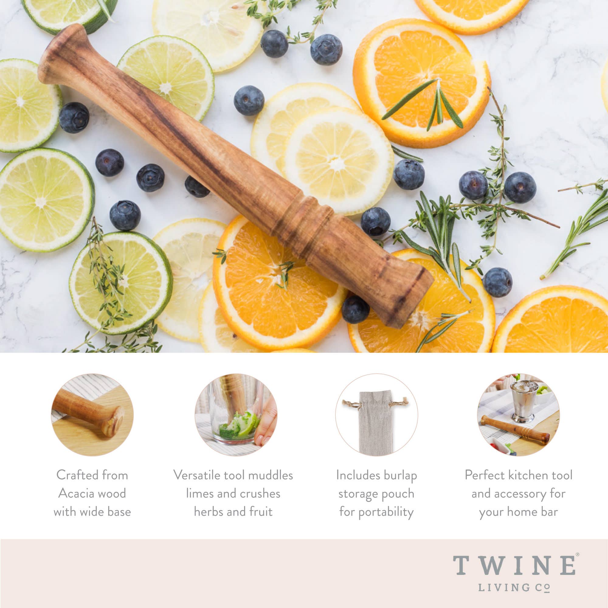 Twine - Wholesale Muddler - Acacia Rounded Top Muddler with Burlap Storage Bag4