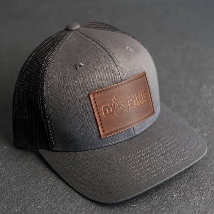 Leather Patch Trucker Style Hat - Ox & Pine Logo for wholesale by Ox & Pine