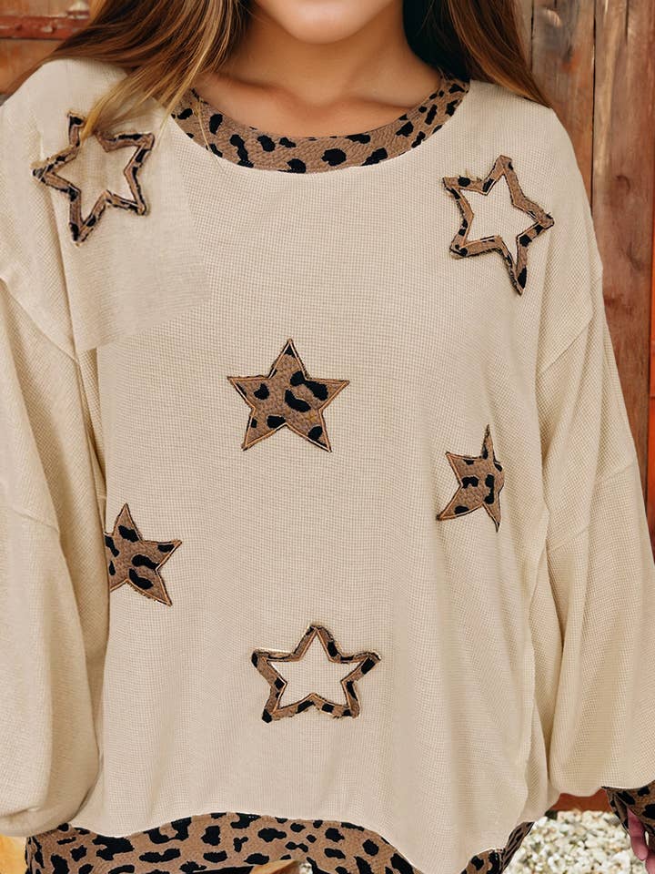 Western Leopard Star Patched Raw Seam Baggy Sweatshirt for wholesale by fashionworks