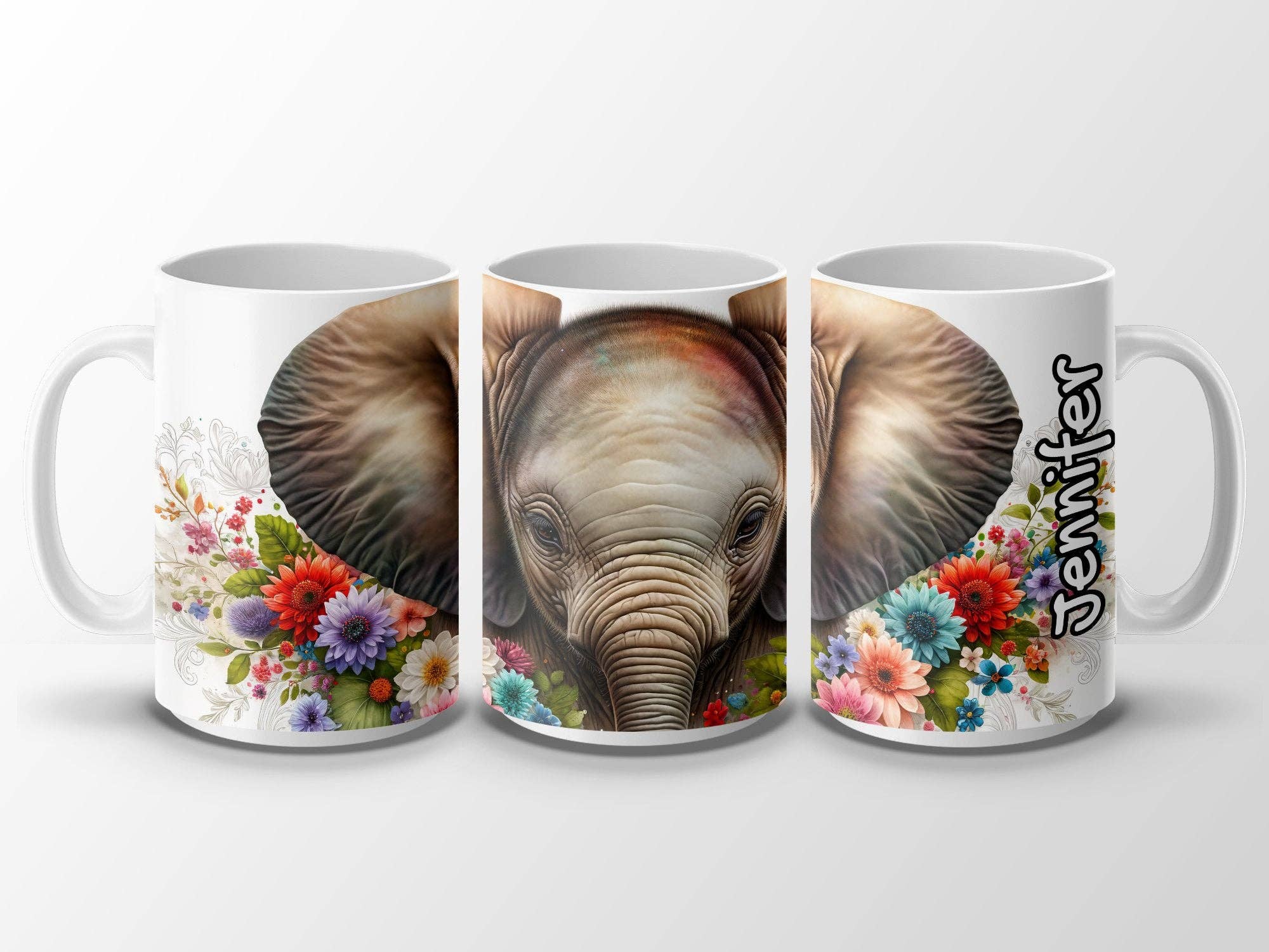 Bianco Tazza personalizzata con elefante con motivo floreale, tazza da caffè con nome personalizzato, regalo per gli amanti degli animali, tazza unica con stampa di elefanti in vendita all'ingrosso su Faire4