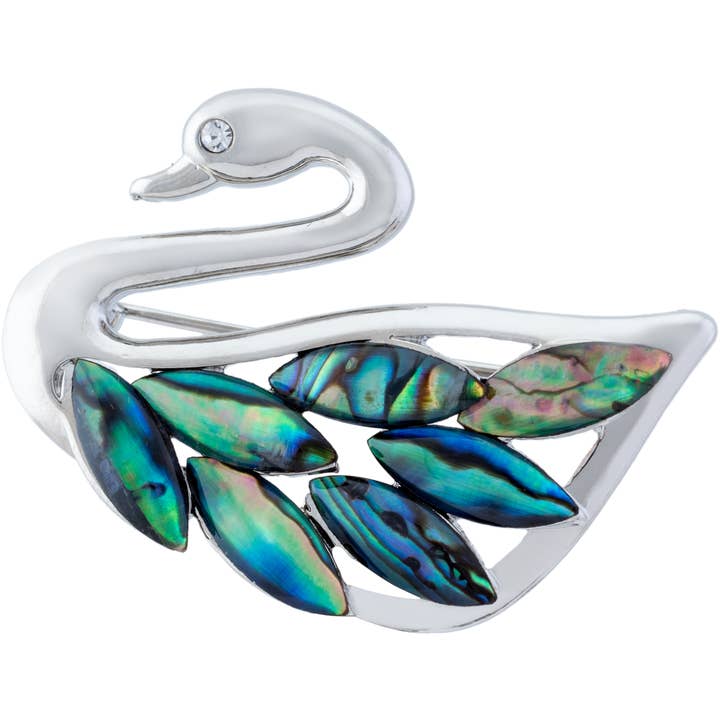 Swan Brooch With Paua Shell Embellishment, rhodium Plated for wholesale by Byzantium Collection Ltd