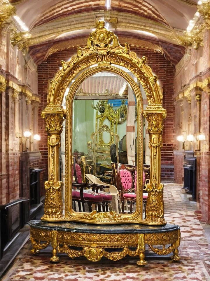 One Of kind Baroque-Style Ornate Gold Mirror With Console Marble Top Base for wholesale by MALuxury Furniture