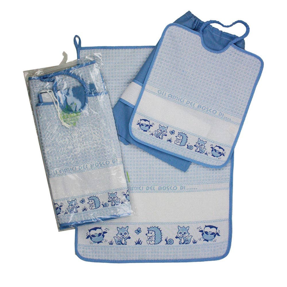 Almatex srl - Vendita all'ingrosso Tovaglioli da tavola in stoffa - Completo 3pz AMICI DEL BOSCO:asciugamano+bavetta con elastico+sacchetto con banda in etamine da ricamare5