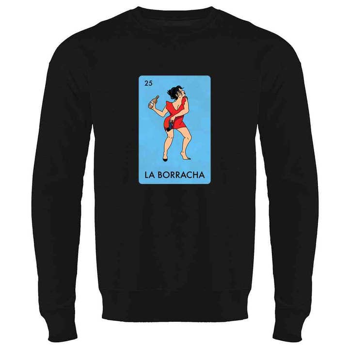 Pop Threads - Venta al por mayor Camiseta serigrafiada - Mujer - La Borracha Drunk Woman, divertida parodia de la lotería mexicana, manga larga