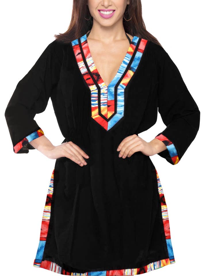 LA LEELA Women CoverUp Mini Boho Dress XL-XXL Black-A994 for wholesale by LA LEELA \ HAPPY BAY