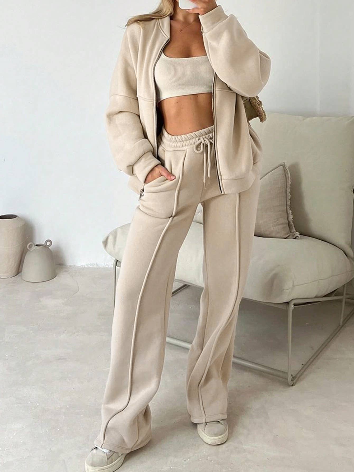 Rosa Clothing - Wholesale Top & Pant Set (NOT Loungewear) - Women's - Plain Exposed Seam Zip Up Long Sleeve Athleisure Set9