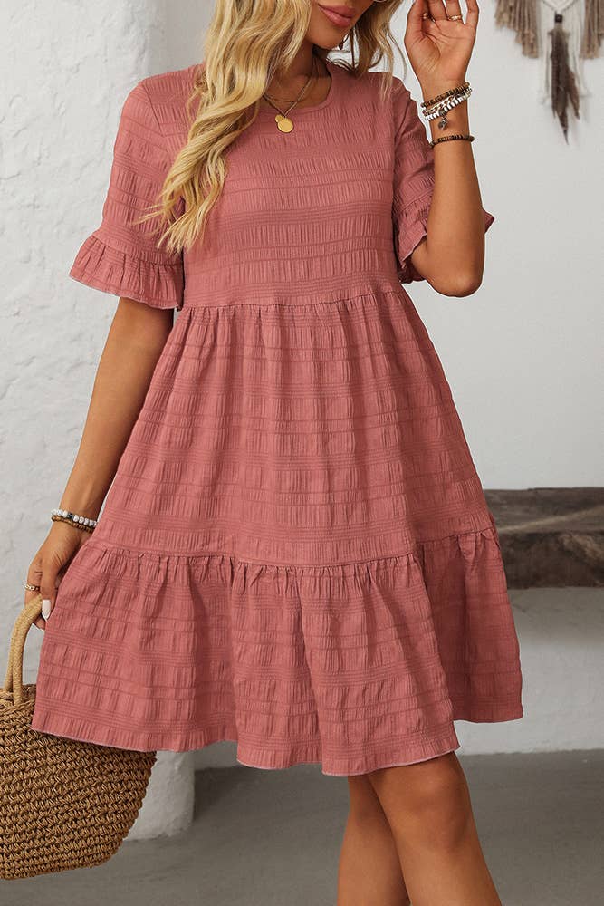 UNISHE – Vestido - Mulher por atacado – Vestido Fluido de Cor Sólida com Manga Curta Solta MD16117