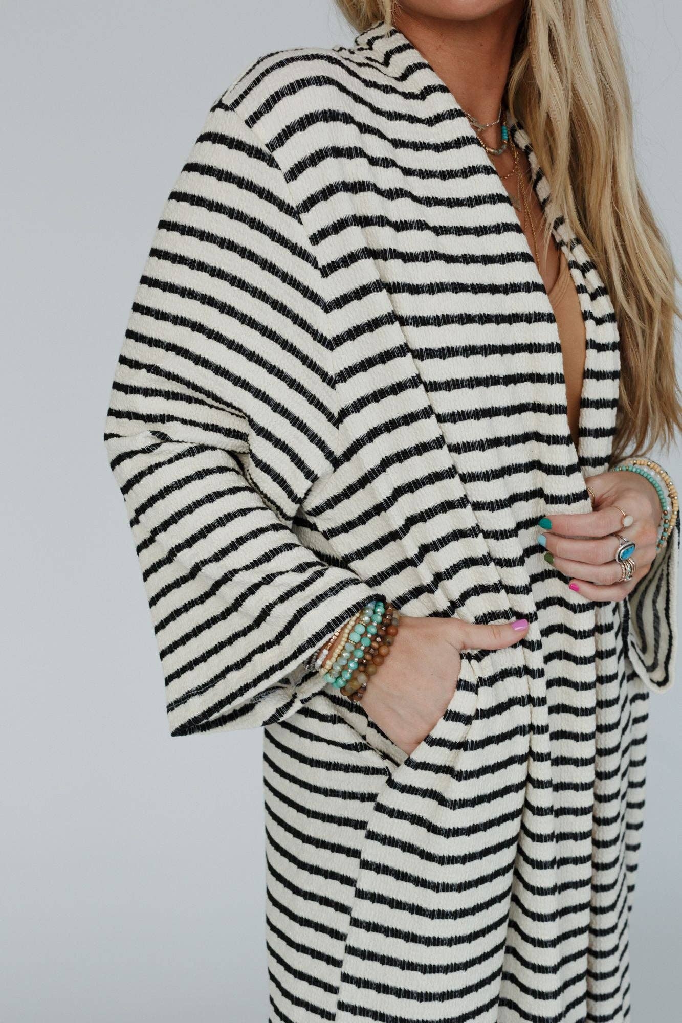Three Bird Nest - Wholesale Cardigan - Women's - Venyx Striped Duster Cardigan - Cream Black5