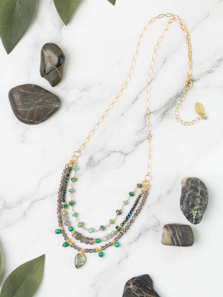Verdant 20.5-22.5" Emerald, Malachite, Labradorite, Cats Eye Multistrand Necklace for wholesale by Anne Vaughan Designs Jewelry