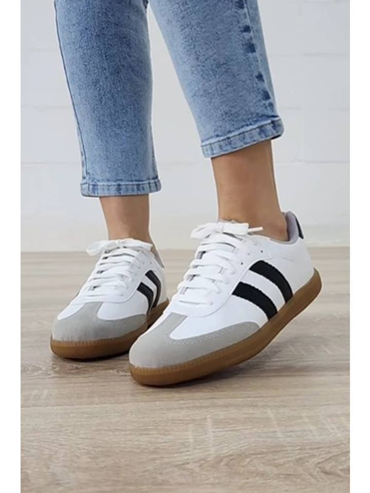 White LDC Striped Lace-up Flat Sneakers for wholesale on Faire