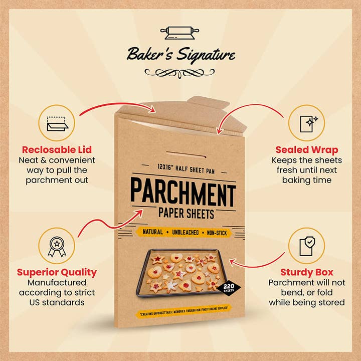 Baker's Signature - Wholesale Baking Sheet/Mat - Parchment Paper Baking Sheets by Baker’s Signature | Precut Silicone Coated & Unbleached – Will Not Curl or Burn – Non-Toxic & Comes in Convenient Packaging – 12x16 Inch Pack of 2204