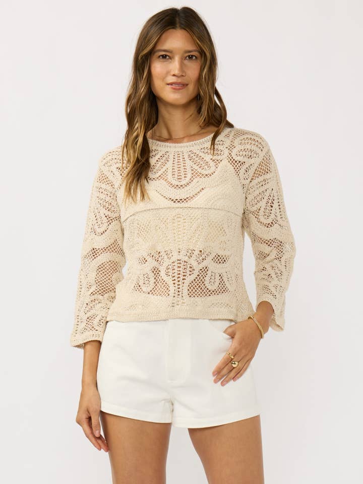 Crew Neck Long Sleeve Crochet Top for wholesale by Lovestitch