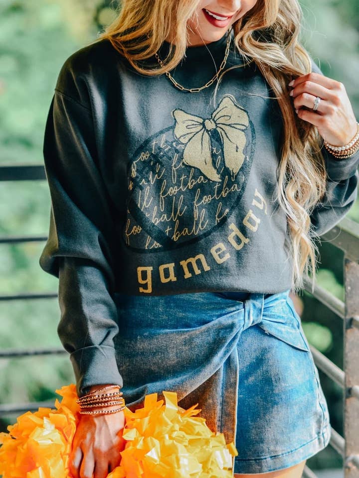 Gameday Football Metallic Bow Sweatshirt for wholesale by Southern Bliss Co.