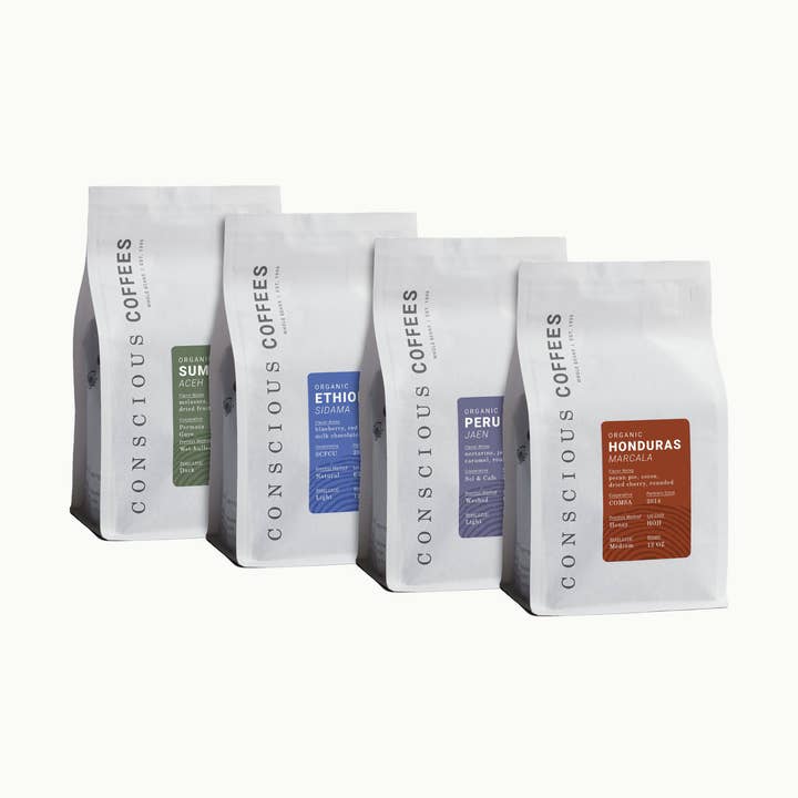 Conscious Coffees 8oz Sampler 4 Pack for wholesale by Conscious Coffees