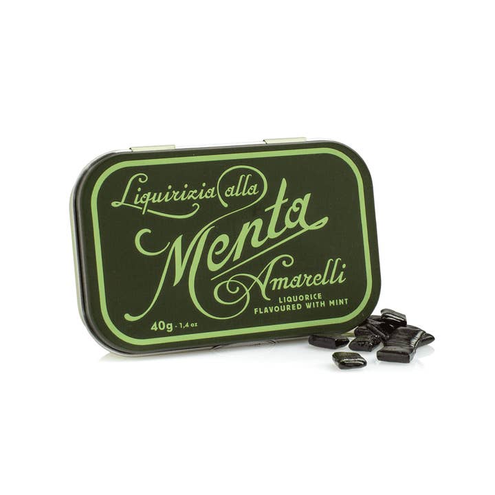GREEN 40g tin - Mint flavored Licorice Made in Italy for wholesale by Amarelli Fabbrica Di Liquirizia