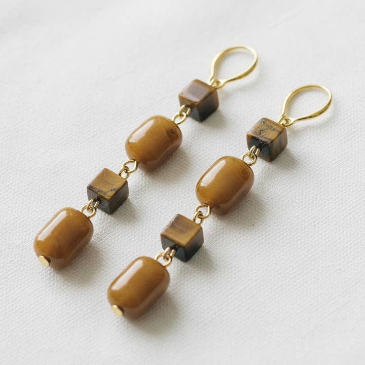 Artisan Long Tassel Drop Earrings with Tiger Eye for wholesale by Ellemadera