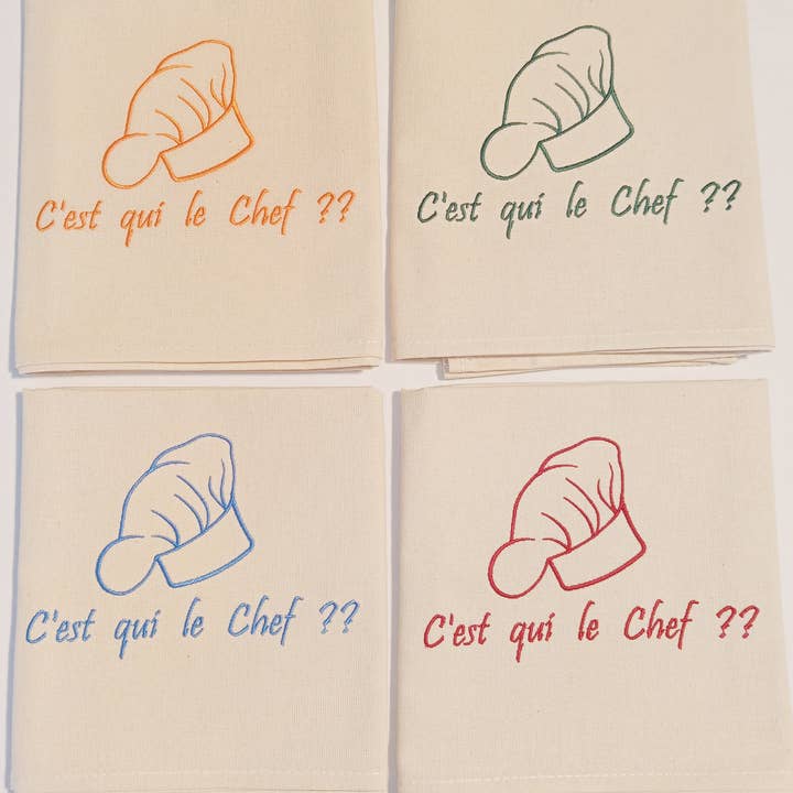 Embroidered tea towel “Who's the chef?” for wholesale by SIL&FIL