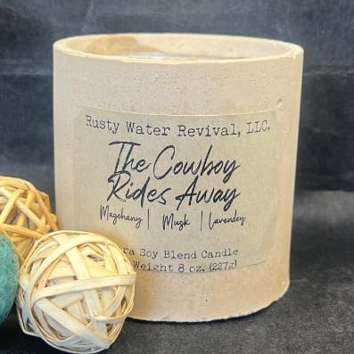 The Cowboy Rides Away Wooden Wick Jar Candle, Wax & Spray for wholesale by Rusty Water Revival, LLC.
