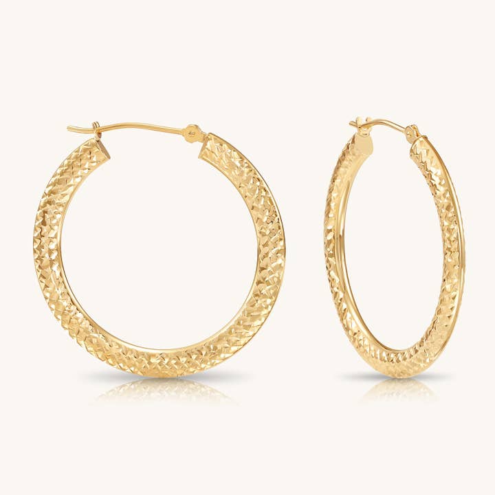 14K Gold Flat Hoop with Diamond-Cut with Hand Engraving for wholesale by All Diamond Source