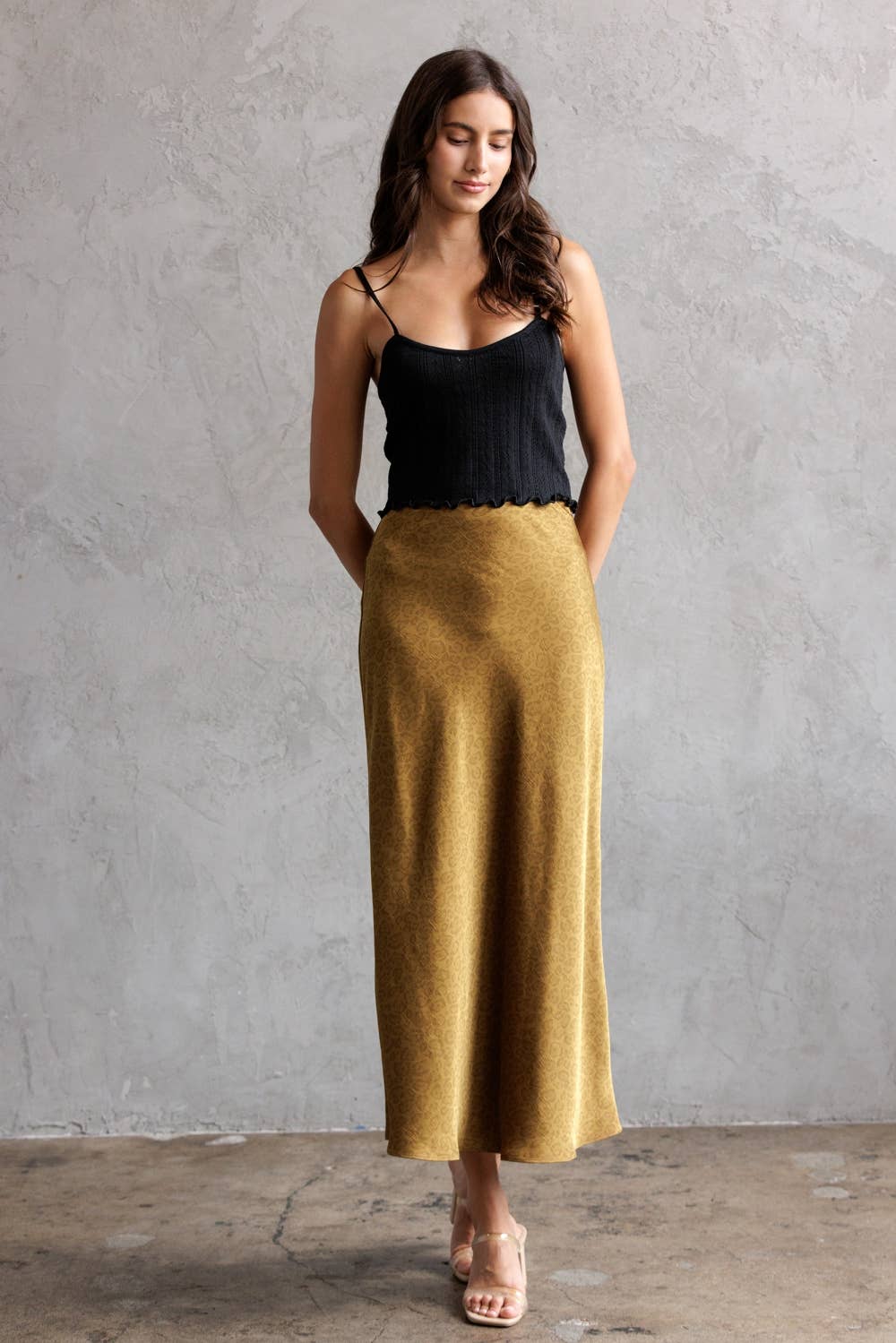 DARK MUSTARD JS5578-9-LEOPARD SATIN JACQUARD MIDI SKIRT for wholesale on Faire6