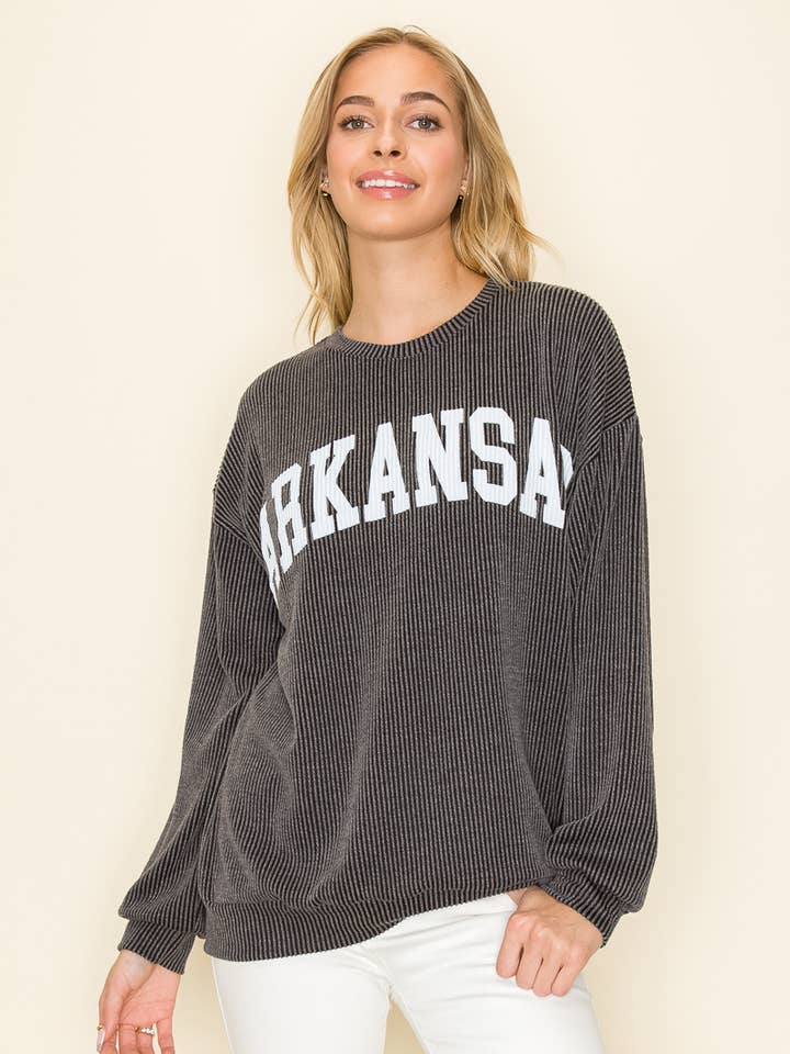 Tres Bien, Inc - Wholesale Graphic Sweatshirt - Women's - "ARKANSAS" RIBBED GRAPHIC L/S SWEATSHIRT GAME DAY